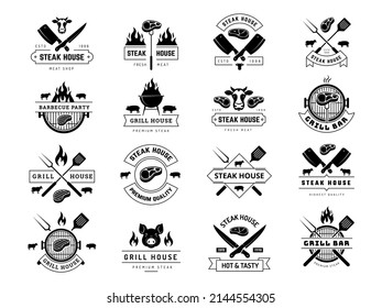 Steakhouse badges. Restaurant menu templates barbeque store logotype recent vector illustrations steak