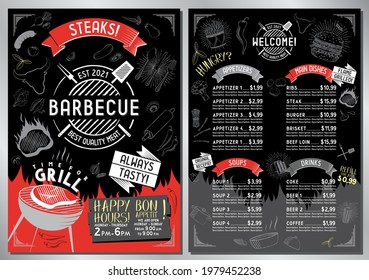 Steakhouse, barbecue grill bar menu template - A4 card (steaks, appetizers, sides, soups, drinks)