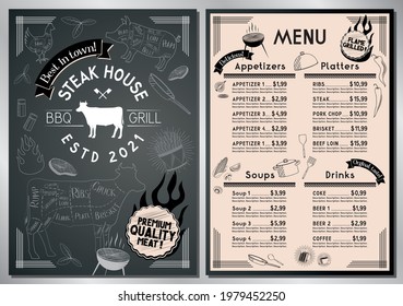 Steakhouse, barbecue grill bar menu template - A4 card (steaks, appetizers, sides, soups, drinks)