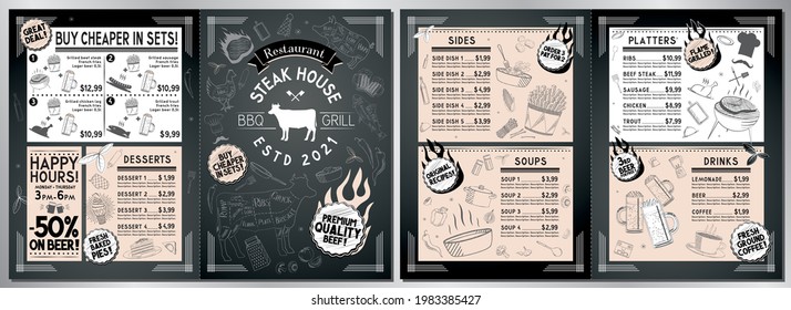 Steakhouse, barbecue grill bar menu template - A3 to A4 card (sides, soups, platters, drinks, desserts, sets)