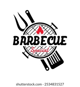 Steakhouse, barbecue restaurant logo, poster, spatula and grill fork. BBQ logo Vector emblem template.