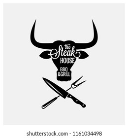 steakhouse, bbq and grill logo with bull head on white background