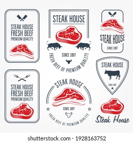 Steakhouse and butchery labels and emblems, meat steak store badge, vector