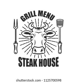 Steakhouse. Emblem Template With Cow Head And Kitchen Tools. Vector Illustration