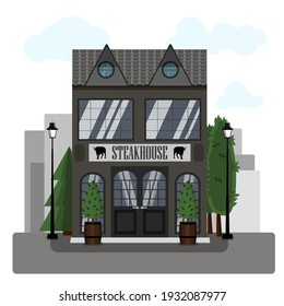 Steakhouse Exterior Vector Illustration. Flat Design Of Facade. Restaurant Building Concept. Grey Two-story Restaurant In The European Style. Illustration Of A City Street. Butcher Shop Store Facade