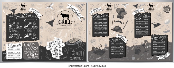 Steakhouse, grill menu card - A3 to A4 size (appetizers, grill, soups, drinks, sets)