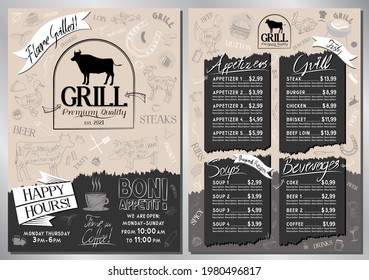 Steakhouse, grill menu template - A4 card (appetizers, grill, soups, drinks)