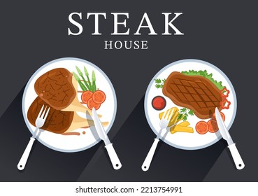 Steakhouse Of Grilled Meat With Juicy Delicious Steak, Salad And Tomatoes For Barbecue In Flat Cartoon Hand Drawn Template Illustration