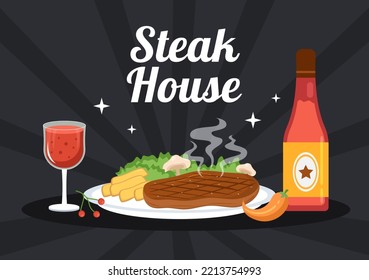 Steakhouse of Grilled Meat with Juicy Delicious Steak, Salad and Tomatoes for Barbecue in Flat Cartoon Hand Drawn Template Illustration