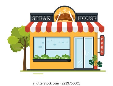 Steakhouse Of Grilled Meat With Juicy Delicious Steak, Salad And Tomatoes For Barbecue In Flat Cartoon Hand Drawn Template Illustration