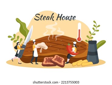 Steakhouse Of Grilled Meat With Juicy Delicious Steak, Salad And Tomatoes For Barbecue In Flat Cartoon Hand Drawn Template Illustration