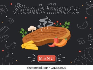 Steakhouse Of Grilled Meat With Juicy Delicious Steak, Salad And Tomatoes For Barbecue In Flat Cartoon Hand Drawn Template Illustration