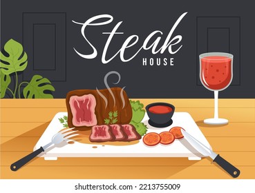 Steakhouse Of Grilled Meat With Juicy Delicious Steak, Salad And Tomatoes For Barbecue In Flat Cartoon Hand Drawn Template Illustration