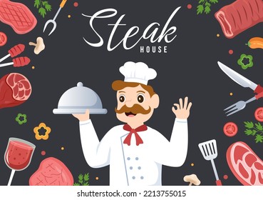 Steakhouse Of Grilled Meat With Juicy Delicious Steak, Salad And Tomatoes For Barbecue In Flat Cartoon Hand Drawn Template Illustration