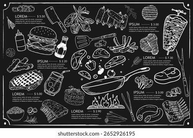 Steakhouse menu with hand-drawn food, vector illustrations. A usable chalkboard menu template designed for cafes and steakhouses.