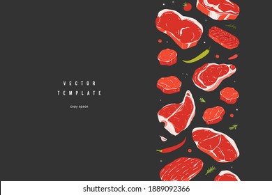 Steakhouse menu template, vector template with copy space for text, banner design for flyer, various kinds of beef steaks. Good for butcher's shop