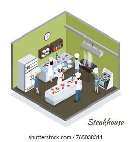 Steakhouse Professional Kitchen Interior Isometric Composition With Commercial Refrigerator And Chefs Cutting Grilling Frying Meat Vector Illustration 