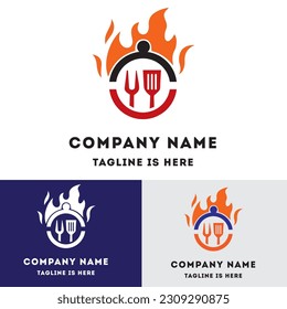 Steakhouse retro logo steak with fire flame barbecue restaurant logo	
