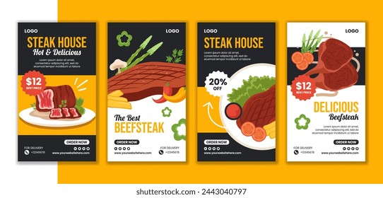 Steakhouse Social Media Stories Flat Cartoon Hand Drawn Templates Background Illustration