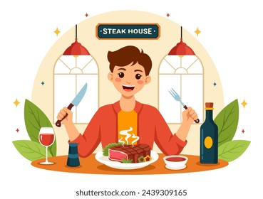 Steakhouse Vector Illustration with Restaurant that Provides Grilled Meat with Juicy Delicious Steak, Salad and Tomatoes for Barbecue in Background