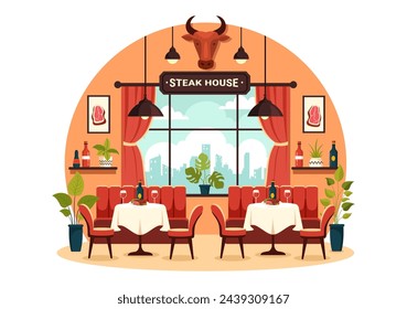Steakhouse Vector Illustration mit Restaurant, das Grillfleisch mit saftigem leckerem Steak, Salat und Tomaten zum Grillen im Hintergrund bietet