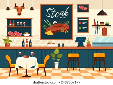 Steakhouse Vector Illustration with Restaurant that Provides Grilled Meat with Juicy Delicious Steak, Salad and Tomatoes for Barbecue in Background