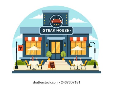 Steakhouse Vector Illustration with Restaurant that Provides Grilled Meat with Juicy Delicious Steak, Salad and Tomatoes for Barbecue in Background
