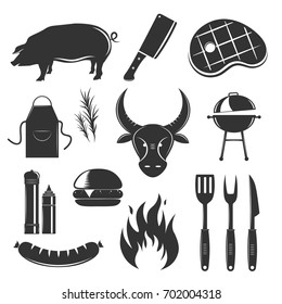 Steakhouse vintage elements collection with isolated silhouette monochrome images of meat products spices sauces and cutlery vector illustration