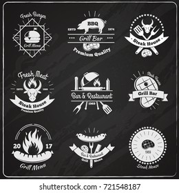 Steakhouse vintage emblems chalkboard set with flat images of fresh meat burgers and dishes with text vector illustration