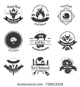 Steakhouse vintage emblems collection with flat monochrome images of kitchenware flame meat steaks and decorative elements vector illustration