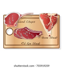 steaks  set on wood plate collection on white