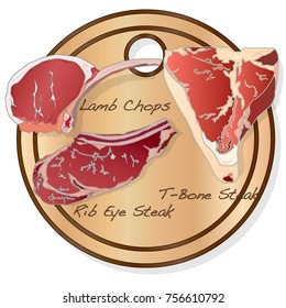 steaks  set on wood plate collection on white