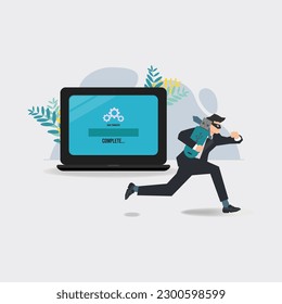 Robar datos de computadora, el hombre de negocios ladra los datos de la laptop. Ilustración conceptual en línea de delitos informáticos y fraude