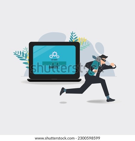 Steal computer data, businessman thief the data from laptop. Cyber crime and fraud online concept illustration