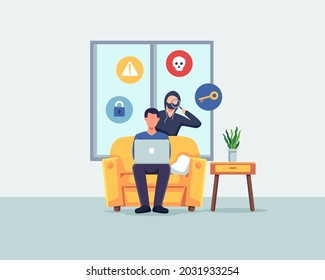 Steal Data Concept Illustration. Criminal And Thief Hacking Computer And Stealing Data And Money. Vector In A Flat Style