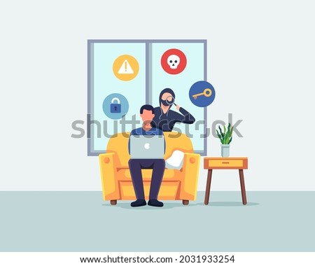 Steal data concept illustration. Criminal and thief hacking computer and stealing data and money. Vector in a flat style