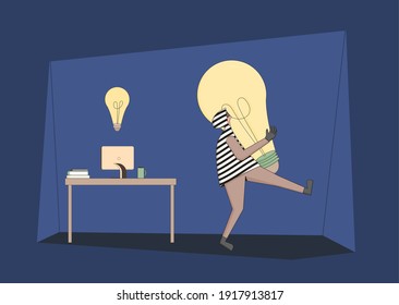 Steal digital content. Intellectual property rights. Plagiarism and infringement of copyright. Vector thief in the hood or pirate  character running with creative new idea symbol.
