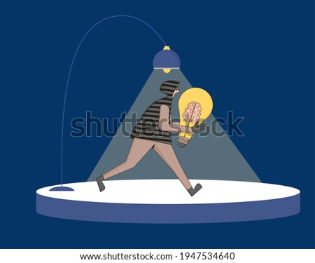 Steal digital content. Intellectual property rights. Plagiarism and infringement of copyright. Vector thief in the hood or pirate  character running with creative new idea symbol.
