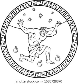 Steal the golden apples of the Hesperides. Hercules holds the sky. 12 Labours of Hercules Heracles. Myths Of Ancient Greece illustration