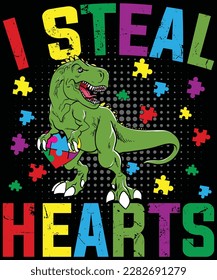  I Steal Hearts T-rex Dinosaur Baby Boys Autism Awareness T-Shirt design.  Autism Awareness Day T-Shirt Design Template, Illustration, Vector graphics, Autism Shirt, T-Shirt Design. autistic design,  svg