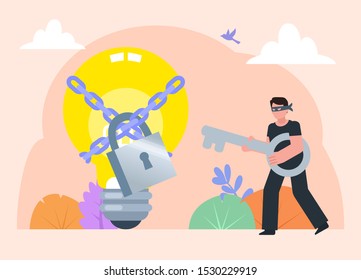 Steal idea, intellectual property concept. Thief in black holds big key to idea light bulb. Poster for social media, web page, banner, presentation. Flat design vector illustration