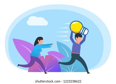 Steal idea, plagiarism. Woman chases thief who stole her idea. Poster for web page, social media, banner, presentation. Flat design vector illustration