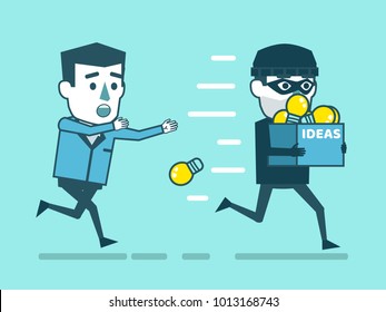 Steal ideas, intellectual property theft concept. Businessman chases thief who stole his ideas. Simple style vector illustration