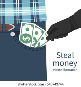 Steal money concept. Pickpocket in gloves stealing out of pocket businessman cash. Money, dollars hold in hand. Vector illustration flat design. Isolated on white background. Criminal financial fraud.