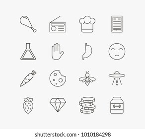 Steal and package icon line set with strawberry, radio and cookie. Supplement related package icon vector items for web UI logo design.