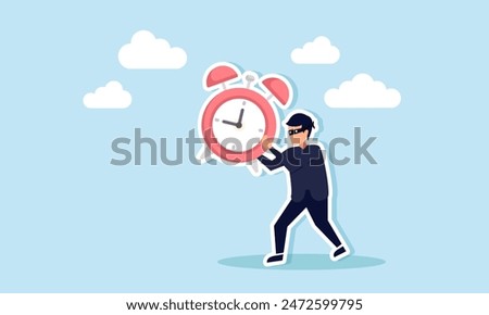 Steal time combat procrastination, boost efficiency, and meet deadlines, concept of Burglar thief steals a clock and runs away