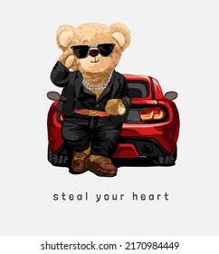 steal your heart slogan with bear doll in black suit leaning on red car vector illustration