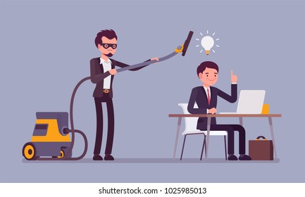 Stealing business bright ideas. Man in mask with vacuum cleaner sweeping with tube brains, thoughts of creative worker, using without permission or legal right. Vector flat style cartoon illustration