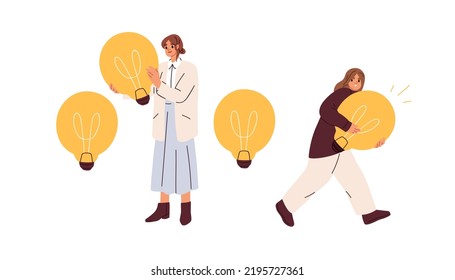 Stealing creative idea, plagiarism, theft concept. Intellectual property, copyright infringement, violation. Thief with stolen lightbulb. Flat graphic vector illustration isolated on white