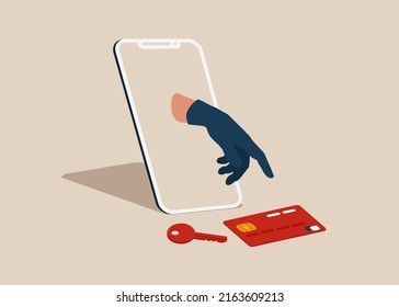 Stealing credit card information through the phone, Vector illustration in flat style.
